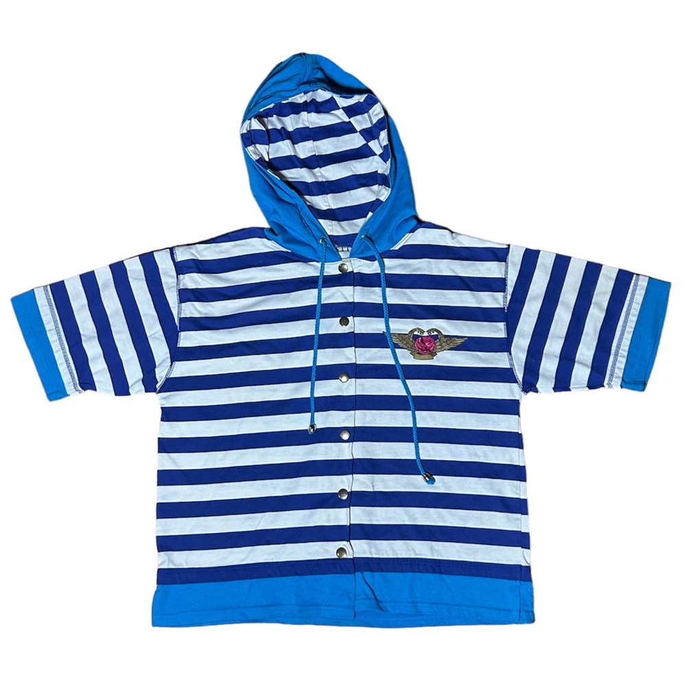 Vintage 80s Folette blue and white striped button down hooded t-shirt size m